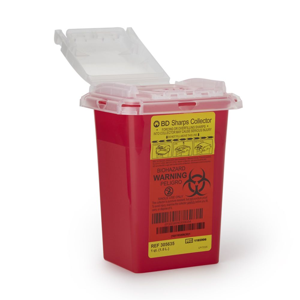 1 Quart Red BD Phlebotomy Sharps Container Small Open Top 305635