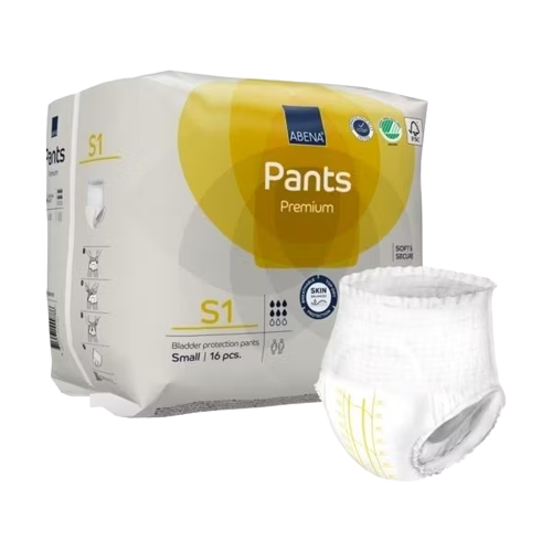 Abena premium pull-up pants next to packaging