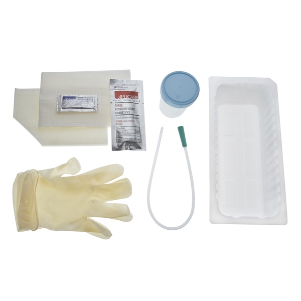 Amsino Urethral Tray with 16 in. PVC catheter, 1,000 mL outer basin tray, PVP swab sticks, lubricating jelly, fenestrated drapes, vinyl gloves, and 4 oz. specimen container