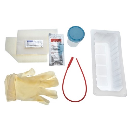 AMSure Urethral Tray with 16 in. Latex Catheter, specimen container, basin, drapes, lubricating jelly, PVP swab sticks, and vinyl gloves