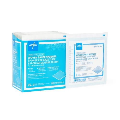 MedLine Non21424 Woven Gauze Sponges 4x4 Inch 12 Ply, Sterile Pack of 2
