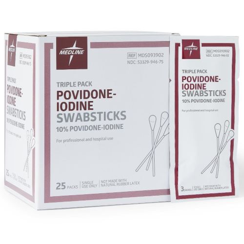 Medline Povidone Iodine USP Swabsticks, Triples - 10% PVP-I Solution, 4 Inch Length