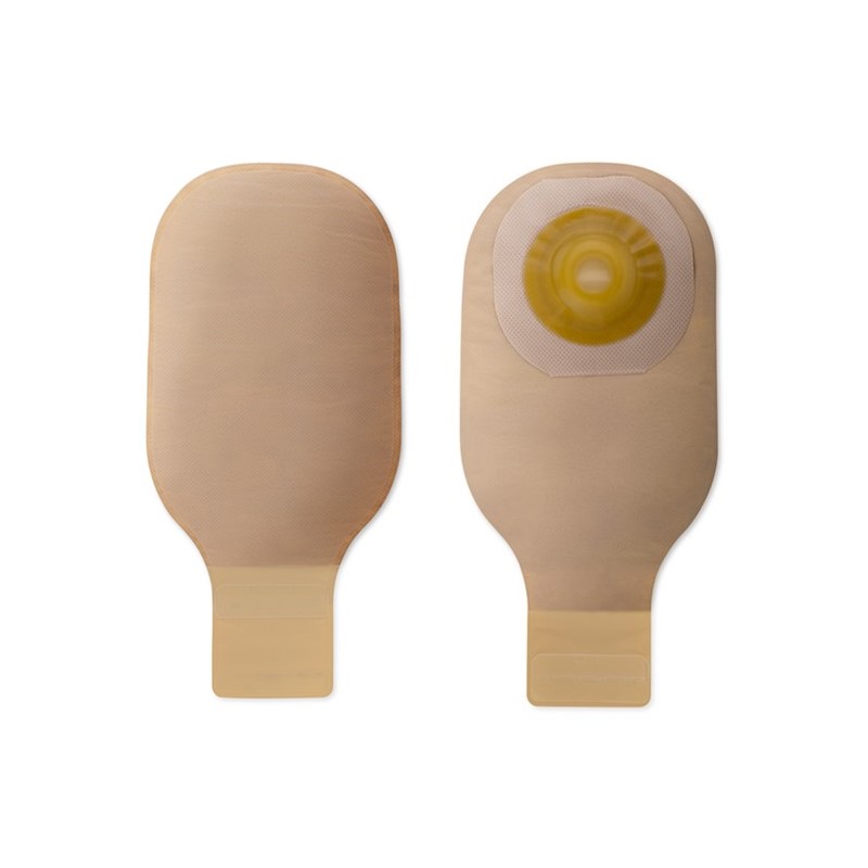 Beige Premier One-Piece Drainable Ostomy Pouch With convex Flextend barrier, Lock 'n Roll microseal closure, and tape border
