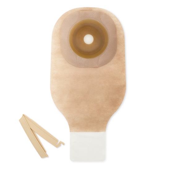 Premier One-Piece Drainable Ostomy Pouch with flat Flextend barrier, tape border, and clamp closure
