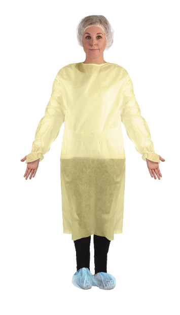 A person wearing the yellow Ritmed Distech Isolation Gown