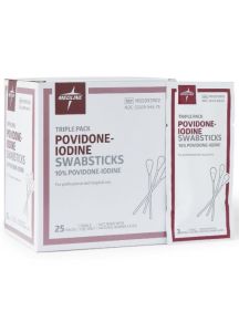 Medline Povidone Iodine USP Swabsticks, Triples - 10% PVP-I Solution, 4 Inch Length