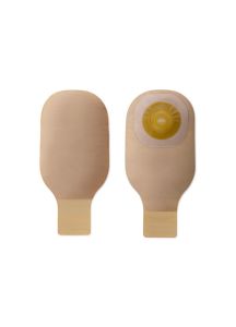 Beige Premier One-Piece Drainable Ostomy Pouch With convex Flextend barrier, Lock 'n Roll microseal closure, and tape border
