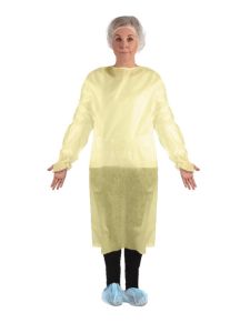 A person wearing the yellow Ritmed Distech Isolation Gown